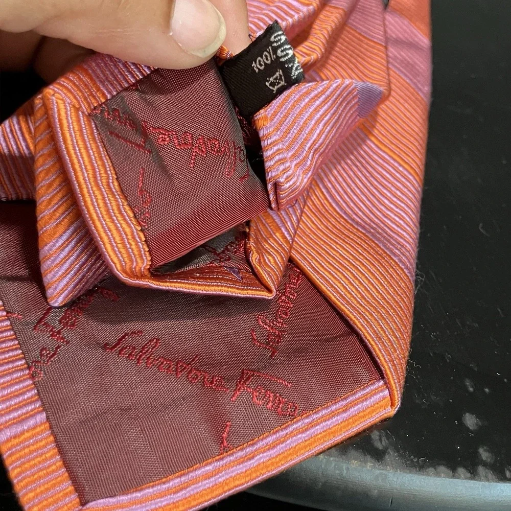 Salvatore Ferragamo Italy 100% Silk Diagonal Stripe Neck Tie Orange Pink Purple